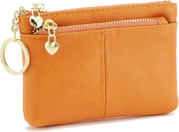 ZOOEASS Women PU Leather Zip Mini Coin Purse With Key Ring Triple Zipper Card Holder Wallet (Orange)