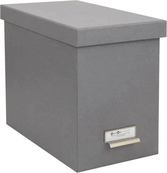Bigso John Fiberboard Label Frame Desktop File Storage Box - Document Organizer for Important Paperwork - Durable Hanging File Box with a Lid & Metal Label Window - 7.36 x 13.38 x 10.51 in - Grey