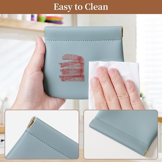 2 Pack Small Makeup Bag for Women, New Organosilicon Super Fiber PU Leather Mini Cosmetic Bag for Travel, Coin Purse Organizer Storage Pouch (No Phrase Printed, Blue)