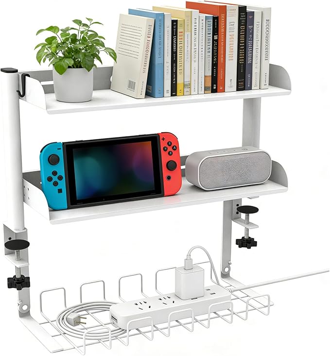 Clamp on Desk Shelf,3 Tier Desktop Organizer,Adjustable Clamp on Desk Top Organizer with Under Desk Hidden Storage Basket&Hooks,No Drilling Desk Clamp Storage Shelves for Working Gaming Accessories