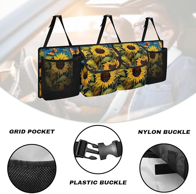 Sunflower Print Car Trunk Organizer Hanging Detachable Car Backseat Storage Bag Foldable Multipurpose Storage Bag for Automotive Trunk Storage and Decoration