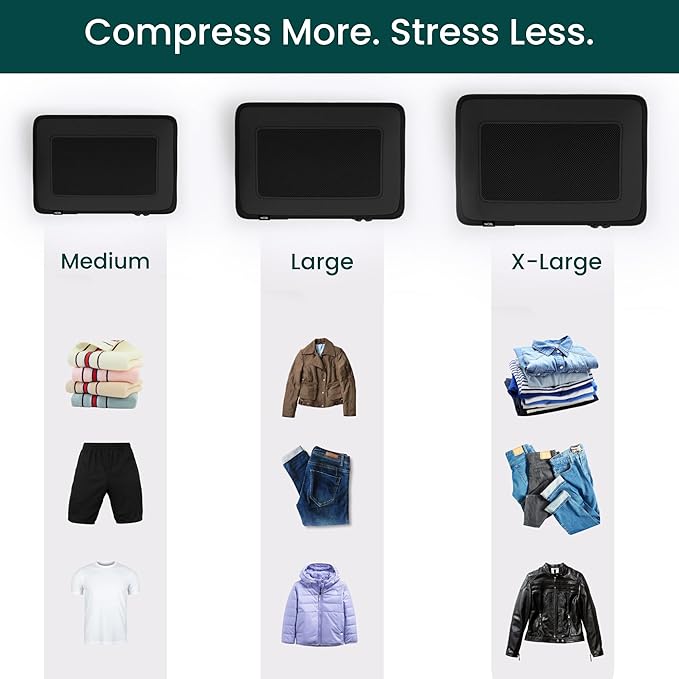 NOBL Travel Compressible Packing Cubes Set, 6 Pieces Travel Packing Organizers, Compression Luggage Cubes for Suitcases & Carry On, Space Saving (XXS, XS, S, M, L, XL) - Jet Black
