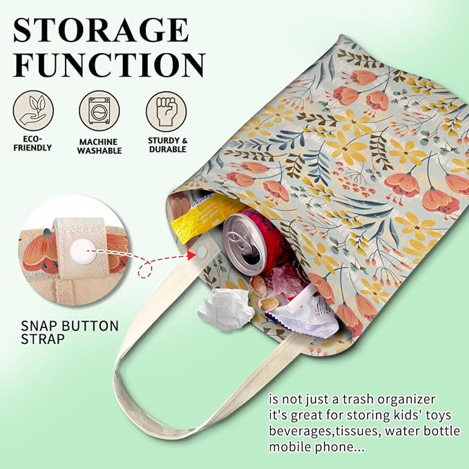 Car Trash Can, Cute Car Trash Bag, Hanging Car Organizer and Storage Bag, Trash Bin for Car Accessories, Vehicle, Travelling, Camping Cute Colorful Floral