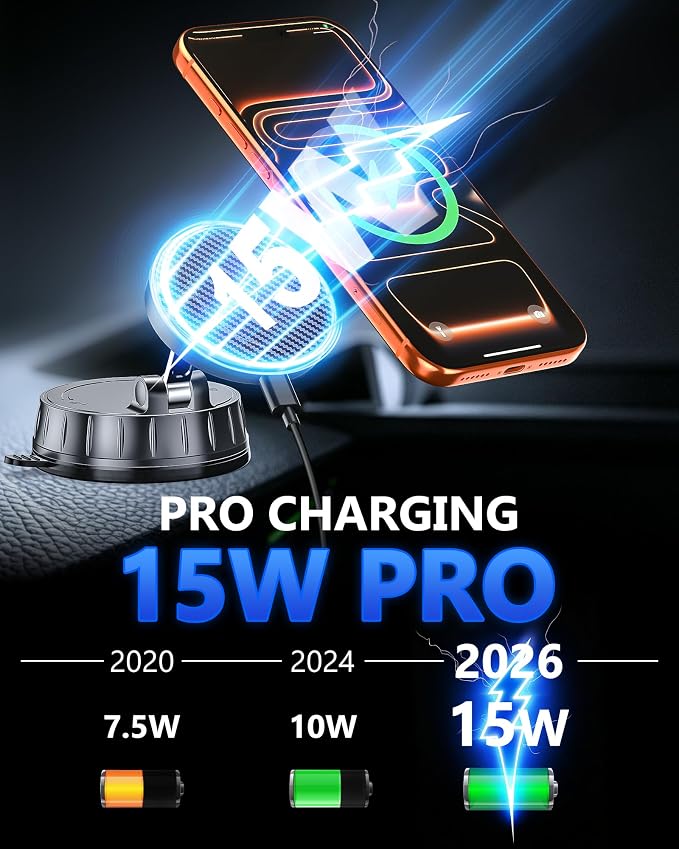 15W MagSafe Car Charger Mount, Magnetic Wireless Car Phone Holder with Dual Input Port, Vacuum Suction & Nano Adhesive Base, 360° Rotation Stable Car Charging Stand for iPhone 12-17, Samsung S26