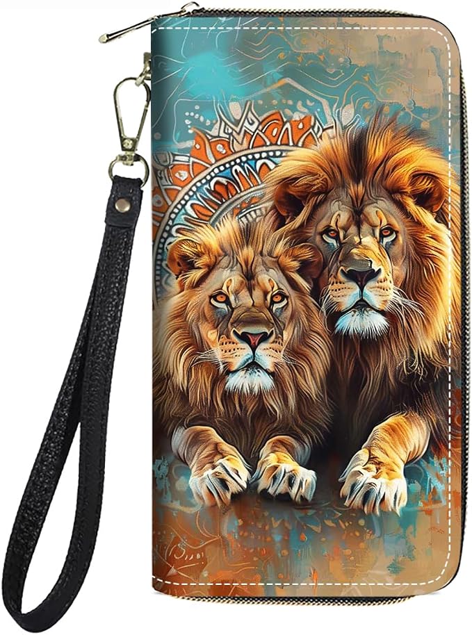 Women's Large Capacity Wallet PU Leather Zip Around Clutch Purse Multifunctional Wallet with Removable Wristlet Strap for Smart Phone/Coin/Card/Cash - Lion