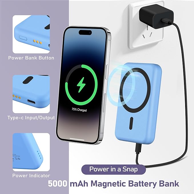 3 in 1 Wireless Charging Station: 5000mAh Removable Power Bank Charger Stand for Phone/Watch/Air Pods - Portable Magnetic Battery Pack for Air 17 16 15 14 13 12 Series Blue