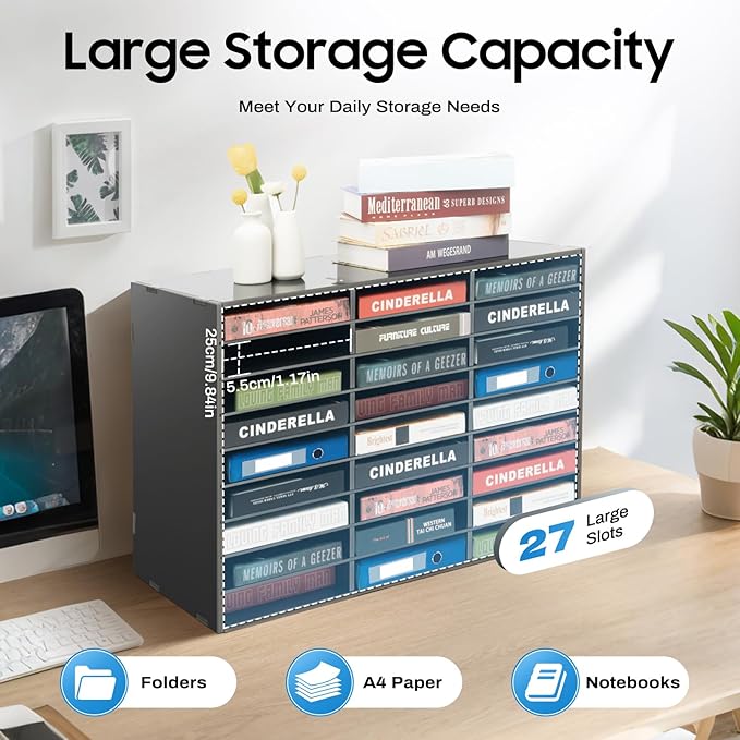 Literature Organizer 27 Slots, Compartments Mail Sorter Organizer, Adjustable Desktop File Organizer with Removable Shelves, Paper Organizer for Home Office School (Black, 27 Slots)