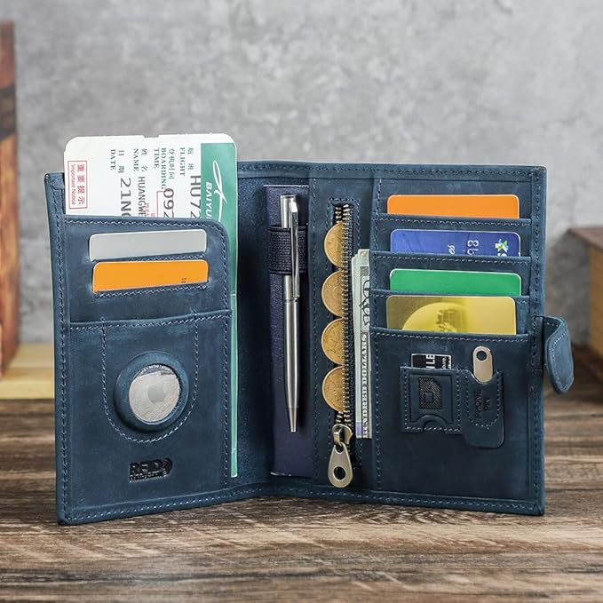 CONTACTS Full Grain Leather Passport Holder Compatible with Airtag RFID Blocking Passport Wallet Travel Slim Passport Cover with SIM Card Removal Tool (Blue)
