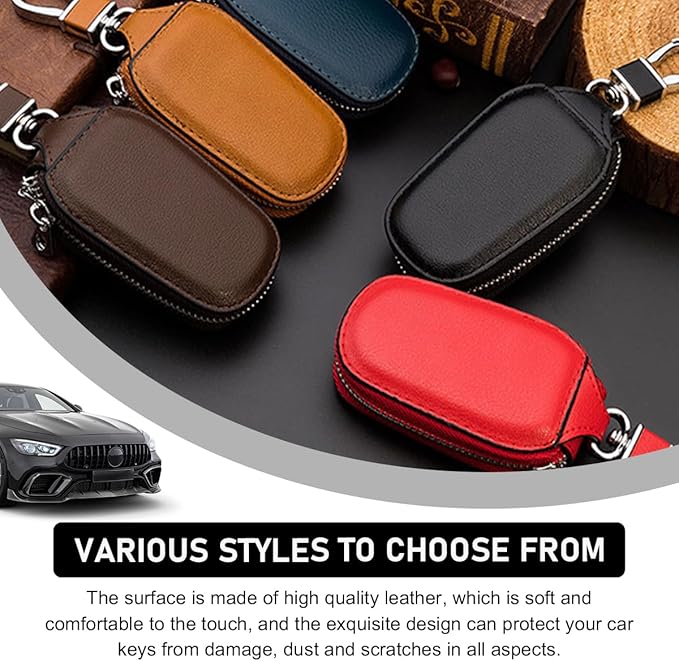 Wevdn Car Key Case, Genuine Leather Auto Smart Key Fob Holder with Metal Hook, Anti Scratch Automotive Key Protector Key Chain Zipper Bag for Remote Key Fob, Car Accessories (Red)