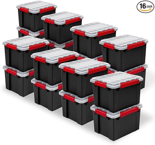 Sterilite 16 Pack Gasket Box, Stackable Plastic 8.5 Gallon Storage Container with Lids, Black - Waterproof and Dustproof Tote for Home Organization