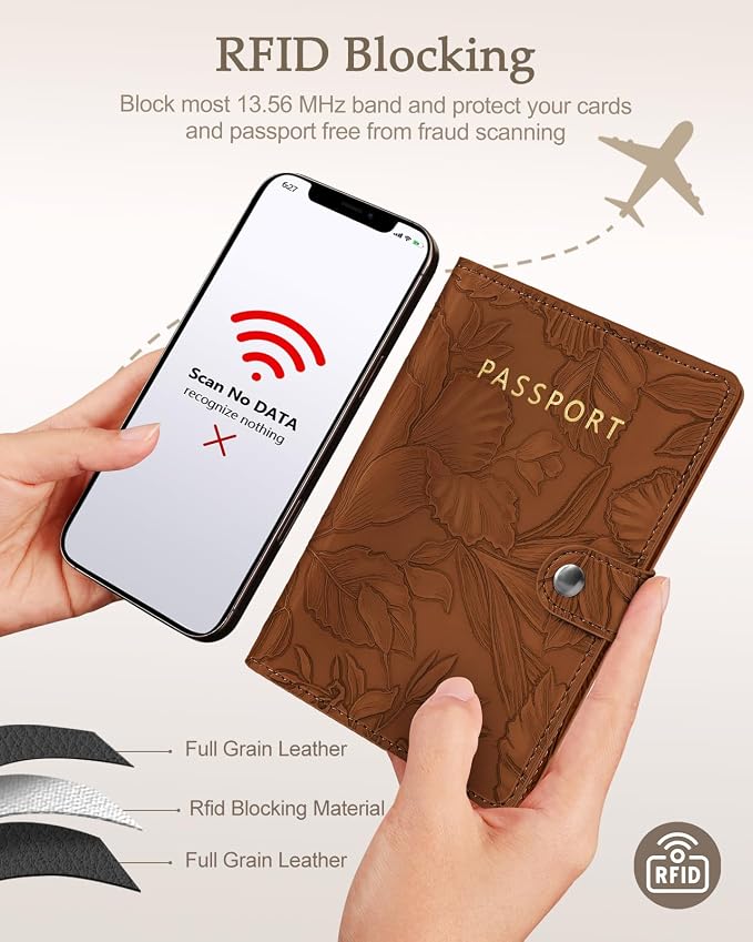 Slohif Floral Embossed Passport Wallet - Elegant Passport Wallet with AirTag Holder & RFID Blocking Slim Vegan Leather Passport Cover with Money Pocket and Card Slots Rust Brown