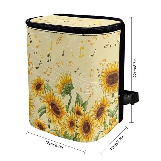 Talayituse Sunflower Music Note Print Car Trash Bin, Large Size Auto Trash Can Adjustable Portable Garbage Can with Lid, Vehicle Hanging Bag for Headrest Front Back Seat