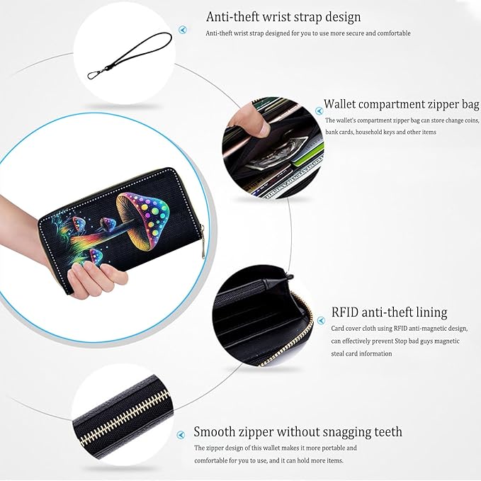 Bxgolkgd Womens Wallet, RFID Blocking Leather Wallet,Large Capacity Wallet Credit Card Holder PU Leather Ladies Clutch with Zipper Coin Pocket - Cute Mushroom Pattern