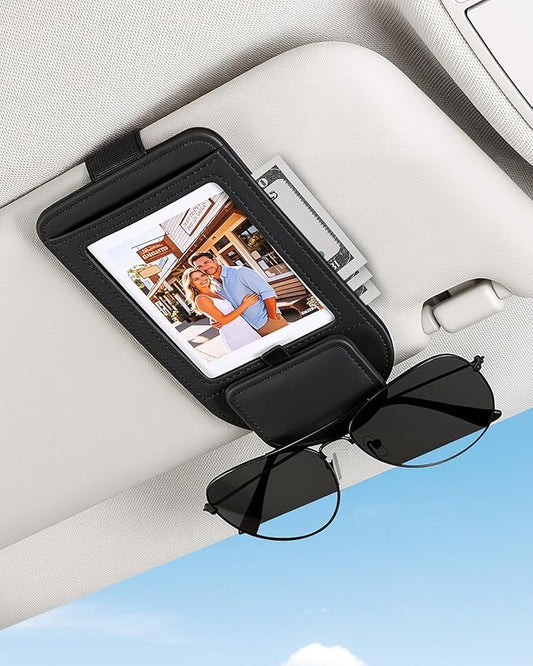 Car Visor Sunglasses Holder, 3 in 1 Glasses Clip with Photo Picture Display & Extra Storage Pocket, Anti-Slip Universal Sun Visor Organizer, 2026 Upgraded (1, Black)