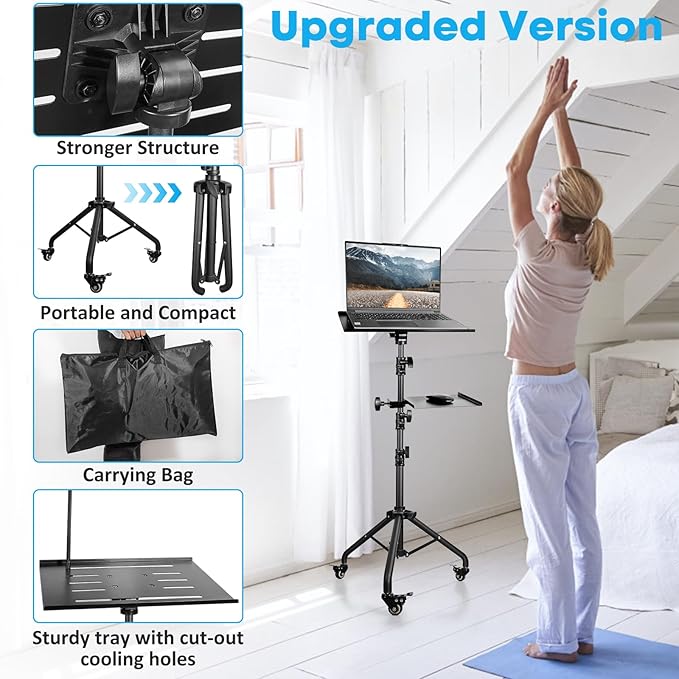 Portable Laptop & Projector Stand with Phone Holder and Mouse Tray, Adjustable Height Tripod Stand for Laptop, Projector, DJ, Sheet Music, Black