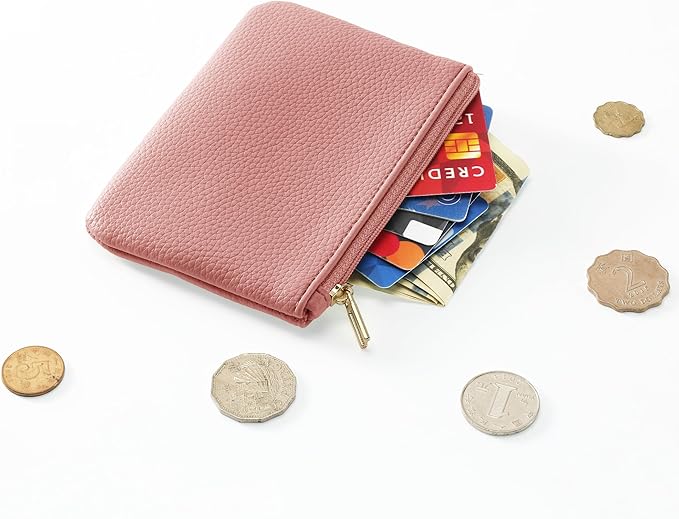 Chelmon PU Leather Coin Purse Pouch Change Holder Small With Zipper for Men Women 2 PCS Set (Black&Pink)