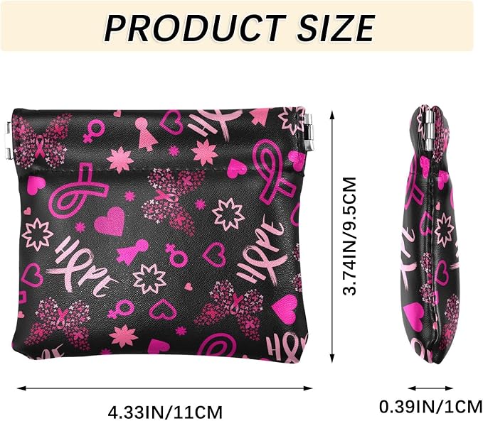 Pink Ribbon Women's Waterproof PU Leather Coin Purse, Slim Travel Wallet with Zipper - Compact Card Holder & Jewelry Organizer for Cash, Keys, Lipstick