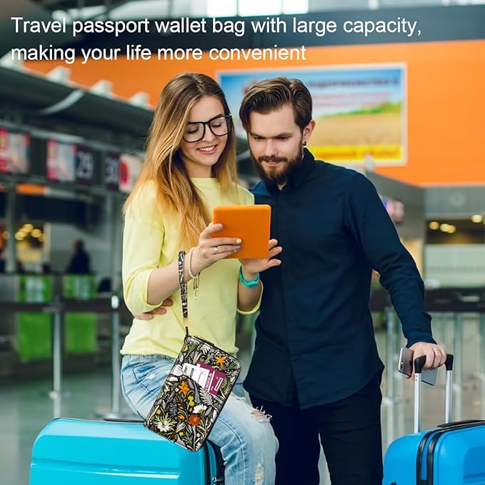 Family Passport Holder Wallet RFID Blocking Document Organizer PU Leather Mulit-purpose Travel Wallet Credit Cards Case for Women Men, Dried Flowers