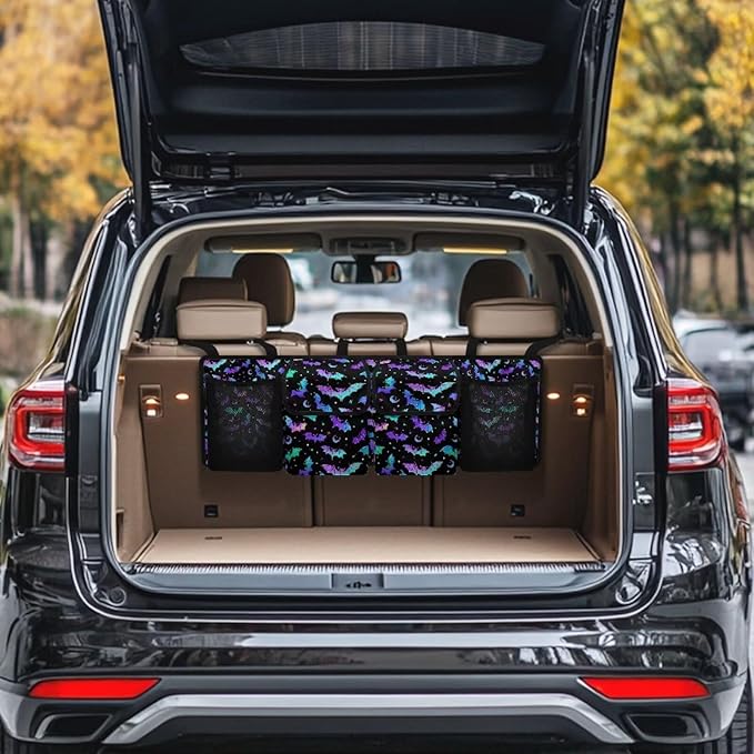 Hanging Car Trunk Organizer Halloween Bats Moon Car Back Seat Storage Bag Auto Cargo Bag Collapsible Auto Interior Accessories for Sedans SUV Jeep Trucks MPV Van