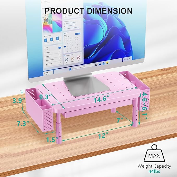 WALI Computer Monitor Stand with Storage, Desk Organizer with Drawer and Pen Holder, Desk Monitor Riser 3 Height Adjustable, Laptop Riser for Computer, Laptop, Printer (PTT003-P), 1 Pack, Pink