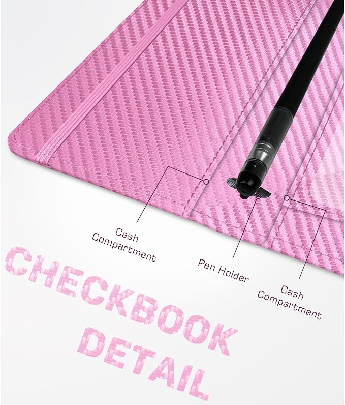 Checkbook Cover for Men Women, Premium Leather Checkbook Holder with RFID Blocking and Built in Clear Plastic Divider for Personal and Business Checks (Pink Carbon)