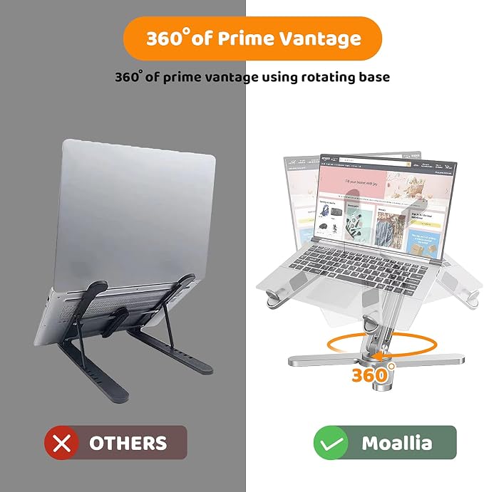 Moallia N86 360 Rotating Laptop Stand, Adjustable Height & Angle, Ergonomic Metal Riser for Desk Collaborative Work, Fully Foldable for Easy Storage, Fits All MacBook & Laptops up to 16 inches, Silver