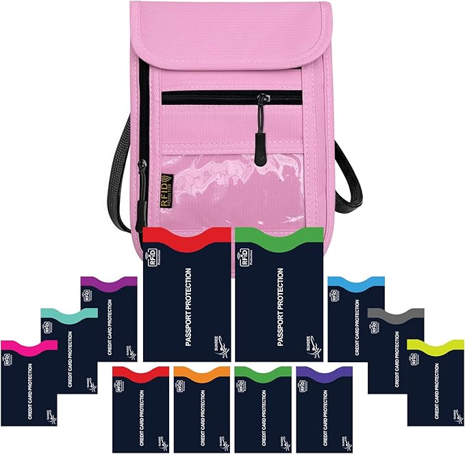 Travel Neck Wallet & RFID Blocking Sleeves for Men and Women, Neck Money Pouch Anti Theft Travel Document Organizer with Adjustable Strap - Pink