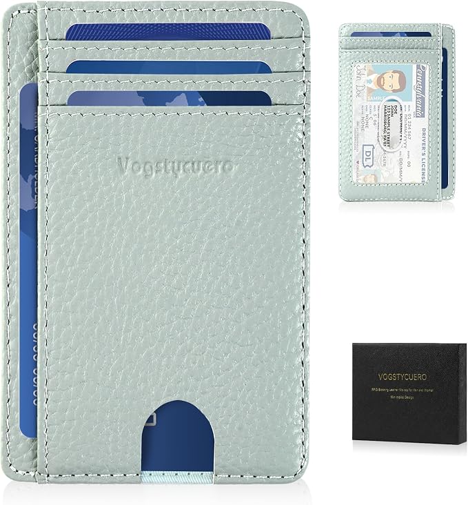 Slim Minimalist Front Pocket Thin Wallet RFID Blocking 100% Genuine Leather Credit Card Holder for men Women, with Gift Box-Lichee Blue Grey