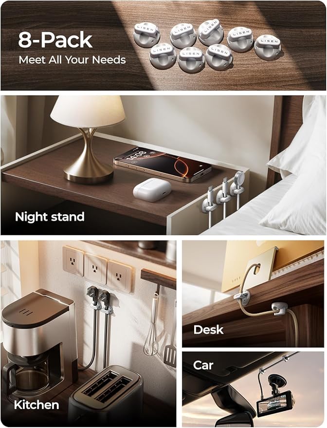 LISEN Cord Holder 8 Pack Magnetic Cable Clips Organizer, for Nightstand [Smooth Adjustable] Adhesive Organizer for Cords Under Desk for Home Office Desk Car Wall Desktop Nightstand-White