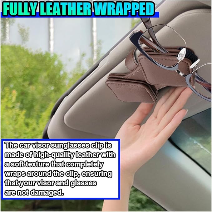Sunglass Holder for Car Visor, Magnetic Leather Glasses Eyeglass Clip, Car Hanger Mount Ticket Card Clip, Auto Visor Organizer Accessories (Brown)