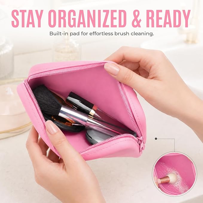 Silicone Makeup Bag for Women – Waterproof Silicone Cosmetic Pouch & Makeup Brush Holder – Easy‑Clean Travel Toiletry Organizer with Zipper – Soft Durable Silicone Case by Sandine (Pink)