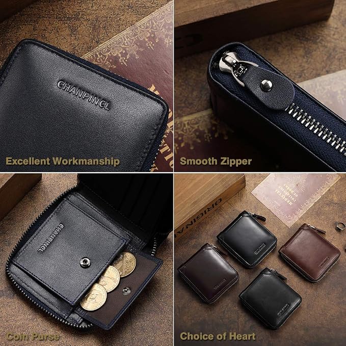 Mens Genuine Leather Zipper Wallet RFID Secure Large Capacity Double Fold Multi-card Leather Wallets for Men and coin purse
