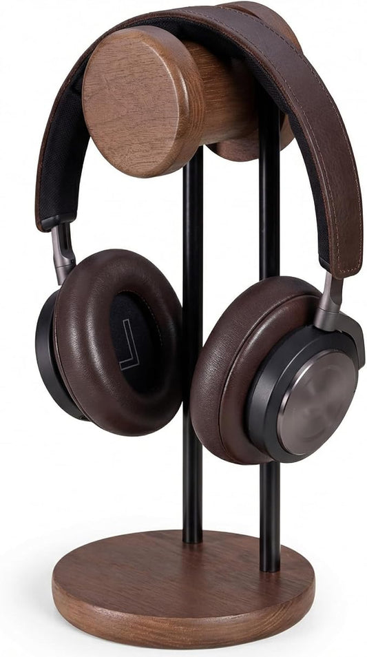 Fenge Headphone Stand for Desk, Nature Wood & Metal Headphone Holder with Storage Base, Desktop Headset Stand for Gaming Universal Headphones, Walnut