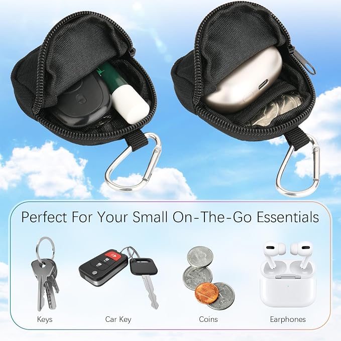 Keychain Pouch Coin Pouch Compact EDC Pouches Data Cable Organizer Earphone Earbuds Storage Zipper Case Bag with Clip on Hook for Mini Gear Bag, Change Wallet (Black)