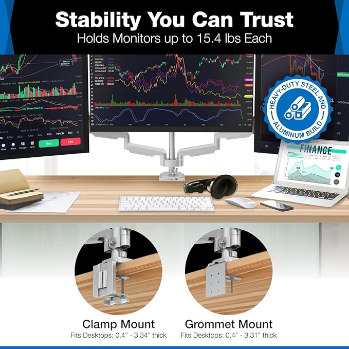 Mount-It! Triple Monitor Mount with Gas Spring Arms, Fits 24??2 Inch Screens, USB & Audio Ports, Full Motion Desk Stand with Tilt, Swivel & Rotation, Heavy Duty Silver 3 Screen Arm with Clamp