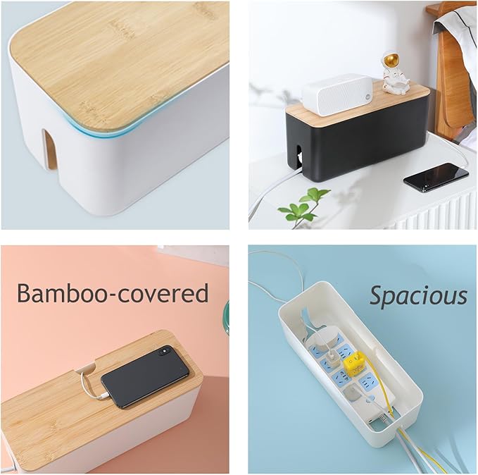 Changsuo Wall Mount Cable Management Box Large Cable Organizer Box for Extension Cord Power Stripe Surge Protector Wire Management Concealer Organizer Cover Hider for Desktop (Large, Black)