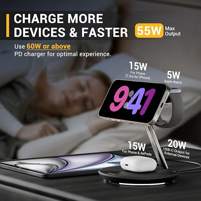 MAGEASY 4 in 1 Charging Station - Total 55W Output, Bedside Charging Station, Fast Charging Stand for iPhone, Apple Watch, AirPods, iPad, with Ambient Light | Power Station with 67W Charger (Black)