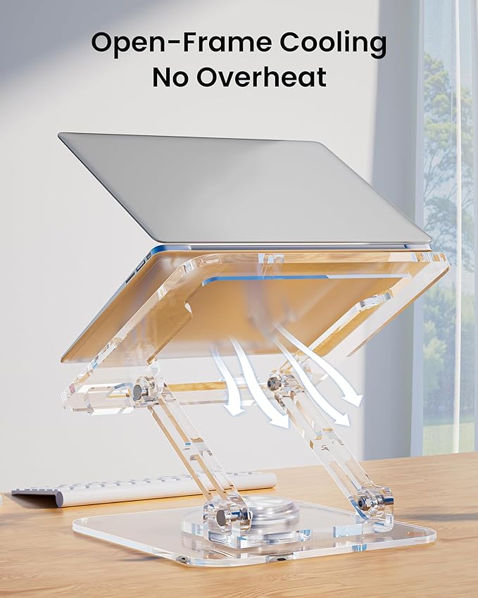 Laptop Stand for Desk - Adjustable, Foldable Clear Acrylic Riser with 360° Rotating Base, Ergonomic Laptop Holder for MacBook Pro/Air & 10-16” Notebooks