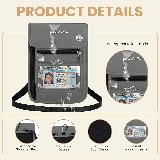 Passport Holder for Travel, RFID Passport Wallet with Visual Window Design, Multifunctional Document Organizer, Waterproof Travel Pouch Neck Wallet for Men and Women, Grey