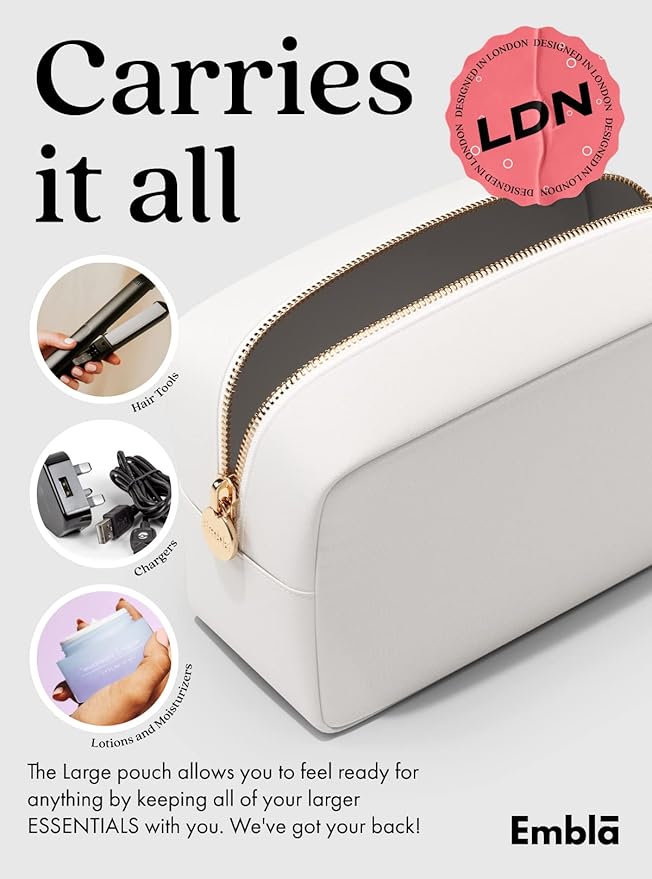Embla Large Makeup Bag and Waterproof Nylon Travel Toiletry Bag, Large Capacity Cosmetic Zipper Pouch, White