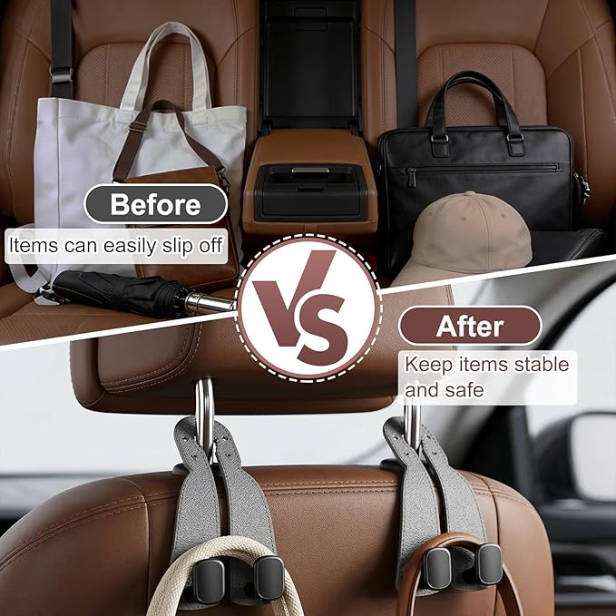 Headrest Hooks for Car,2026 New Two Hook Fur Leather Seat Back Headrest Hanger (2PCS-Black)