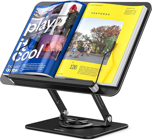 BESIGN BS02 Book Stand for Reading, Adjustable Book Holder, Ergonomic Laptop Stand, Cookbook Stand, Recipe Book Holder with Elastic Page Clips for Music Scores, Recipe, Tablet