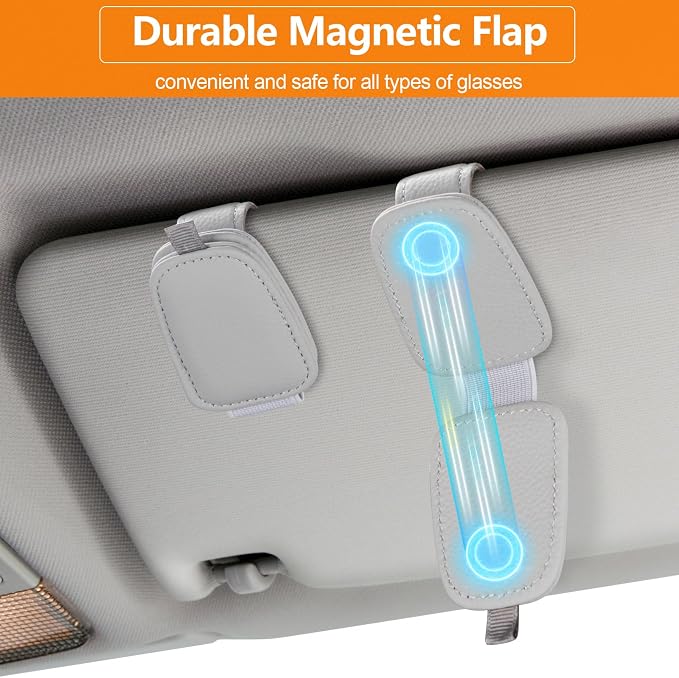 Sunglasses Holders for Car Visor, 2 Pack Magnetic Leather Sunglass Clip for Car Visor, Car Glasses Holder and Ticket Card Clip, Eyeglass Holder for Car Visor Accessories (Gray)