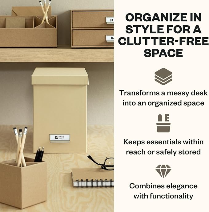 Bigso John Fiberboard Label Frame Desktop File Storage Box - Document Organizer for Important Paperwork - Durable Hanging File Box with Lid & Metal Label Window - 7.36 x 13.38 x 10.51 in - Fawn