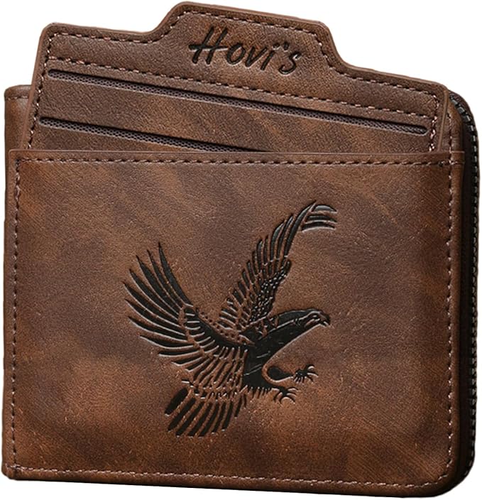 Eagles PU Leather Mens Compact Bifold Wallet, Vintage Zipper Wallet Closure with Detachable Card Case, 2 ID Windows & Snap Coin Pocket for Daily Travel Use (Brown)