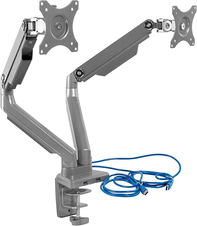 Mount-It! Dual Monitor Desk Mount with USB 3.0 Ports, Full Motion Dual Monitor Stand for 2 Screens up to 32 Inches, VESA 75x75 & 100x100, Clamp or Grommet Installation