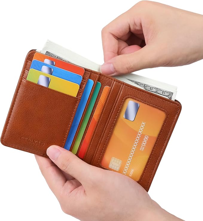 Bifold Slim Men Wallet Genuine Leather Thin, Small Vertical RFID Blocking Wallets for Men ，Compact & Stylish with Clear ID Windows (Brown)