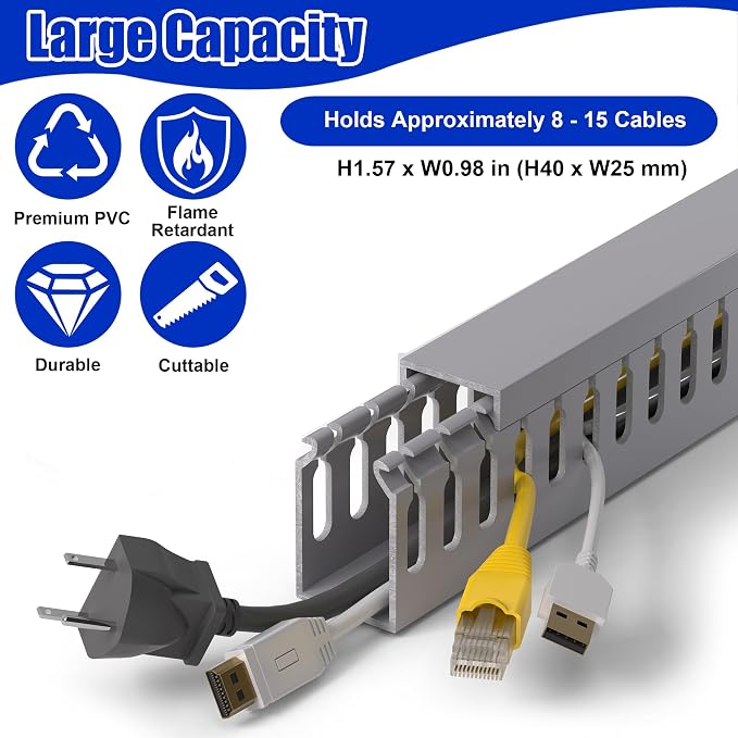 ZhiYo H1.6in W1in Professional Server Rack Cable Management Raceway, 132in (8 x L16.5in) Cable Raceway Kit, Electrically Safe PVC Open Slot Wire Raceway for Under Desk/Computer/Network Cords, Grey