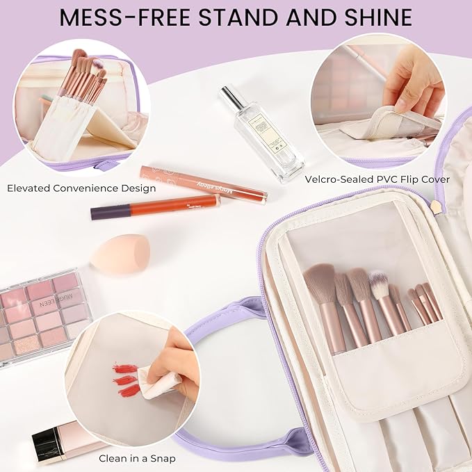 Travel Makeup Bag for Women Fashion Large Capacity Pouch Open Flat Cosmetic Portable Organizer Waterproof Large Opening Storage Toiletry Bags Vertical Free-Standing Brush Holder for Easy Access Purple