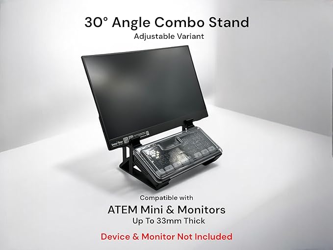 Stand for ATEM Mini Series + Thin Monitor (up to 33 mm) - 6 Cold Shoe Slots, 30 Degree Viewing Angle, Slip-On Design, Non-Slip Feet, Dust-Cover Compatible - Third-Party Accessory